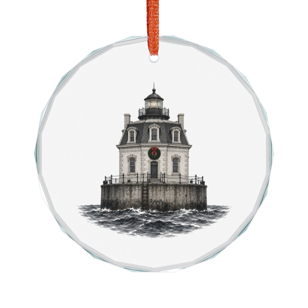 Fairfield, Connecticut Holiday Ornament — The Stone House a Mile Offshore — front view: the 1874 house-on-caisson light rising from open water: a granite keeper's dwelling with mansard roof and centered lantern, set on a round stone caisson ringed by an iron rail, breaking waves at its base
