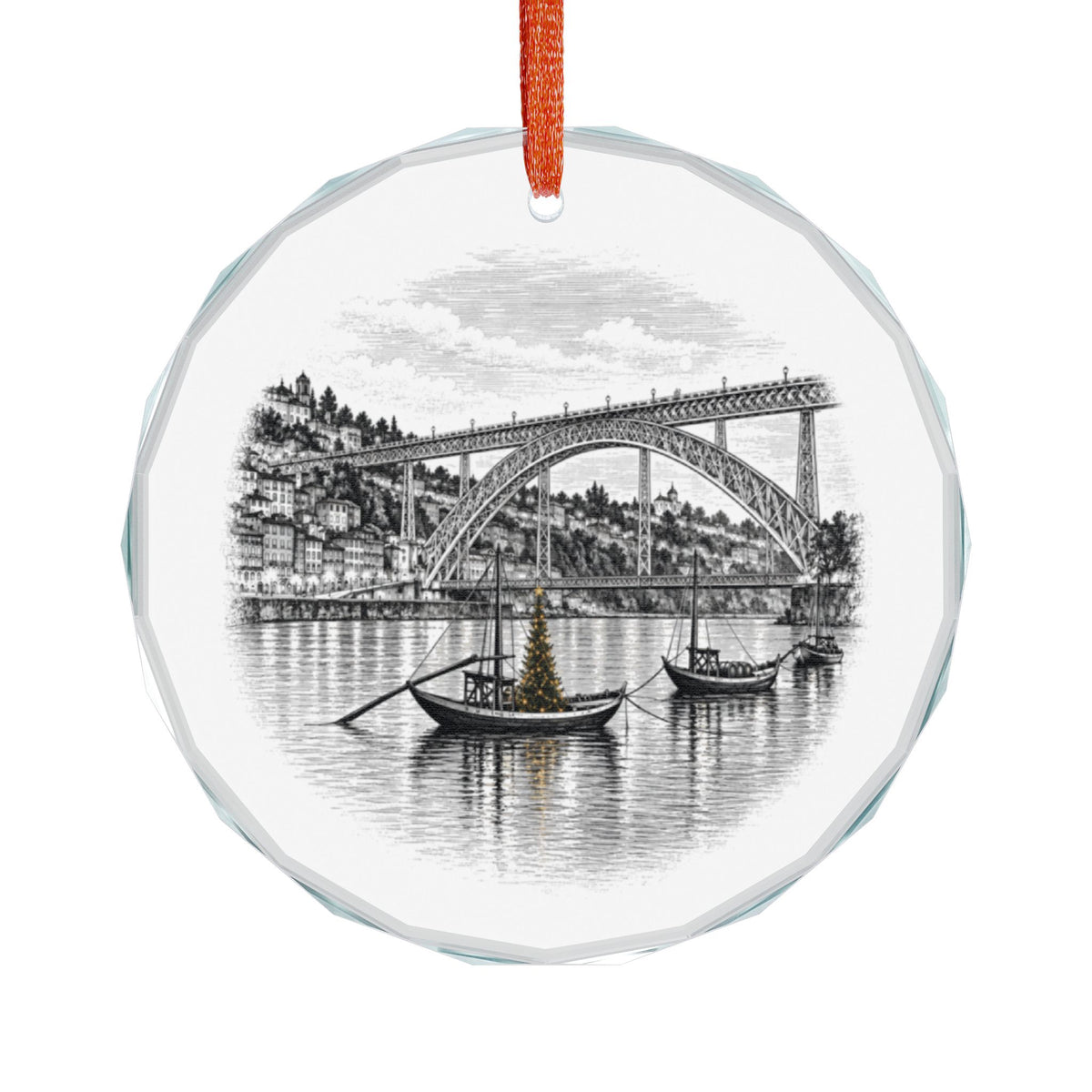 Porto Portugal Crystal Holiday Ornament Hanging on White, Dom Luís I Bridge Engraving with a Lit Tree on a Rabelo Boat