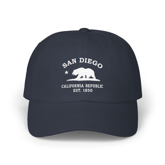 San Diego California Classic Embroidered Vintage Style Cotton Cap - White Retro Bear Logo, Navy
