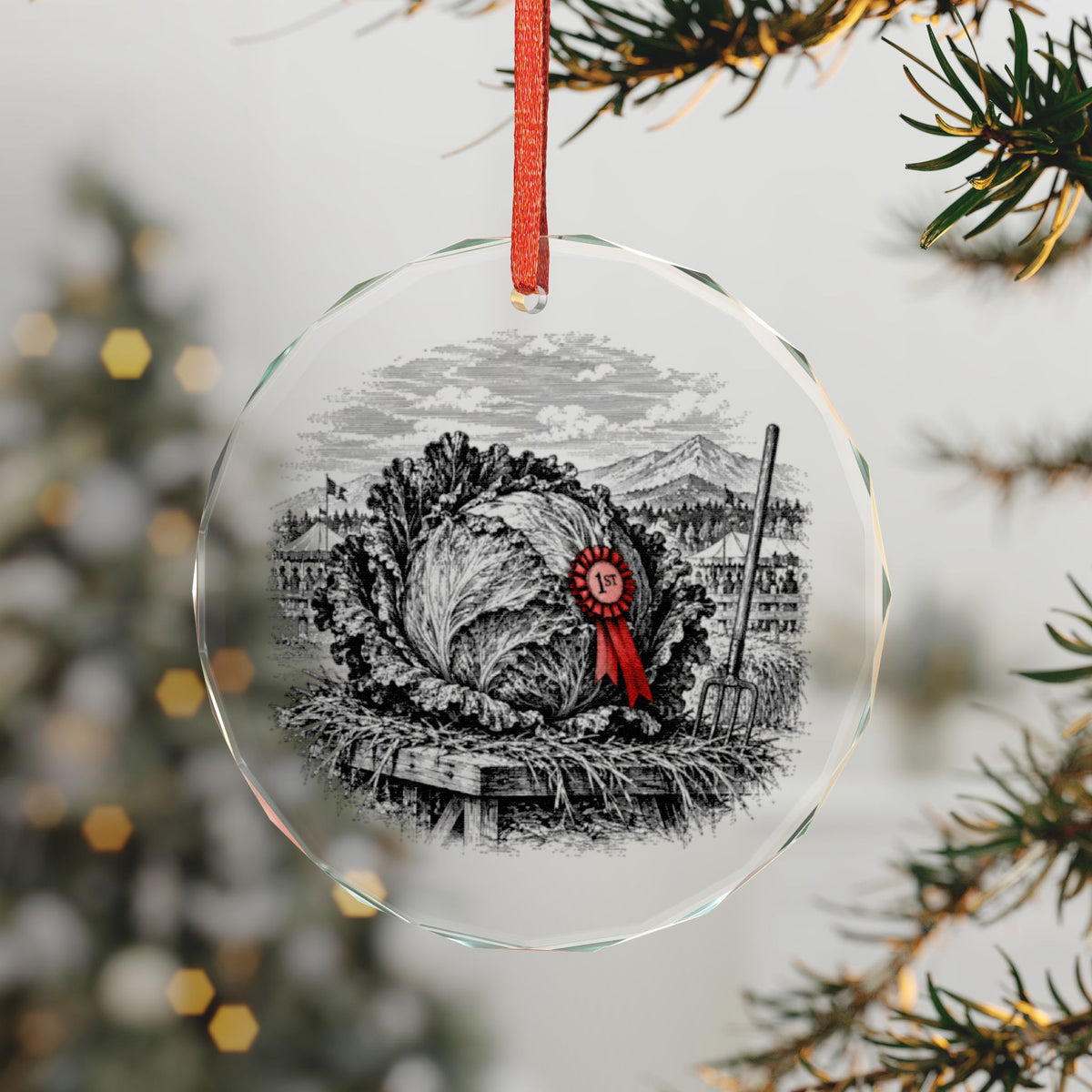 Palmer Alaska Holiday Ornament, Giant Cabbage, Crystal Glass Ornament Hanging on a Christmas Tree