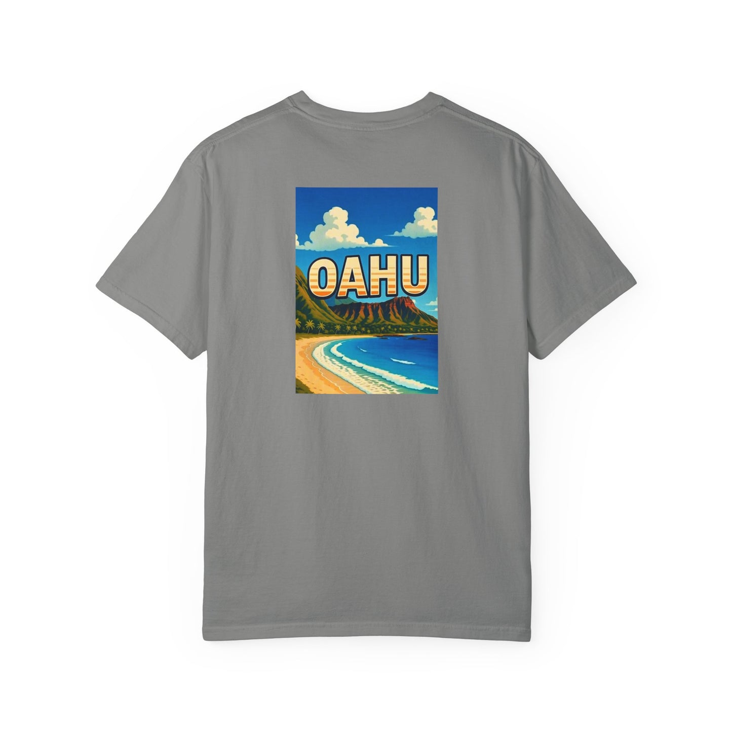 Oahu Hawaii Vintage Retro Back Printed Art Series Cotton Tee - Black Logo