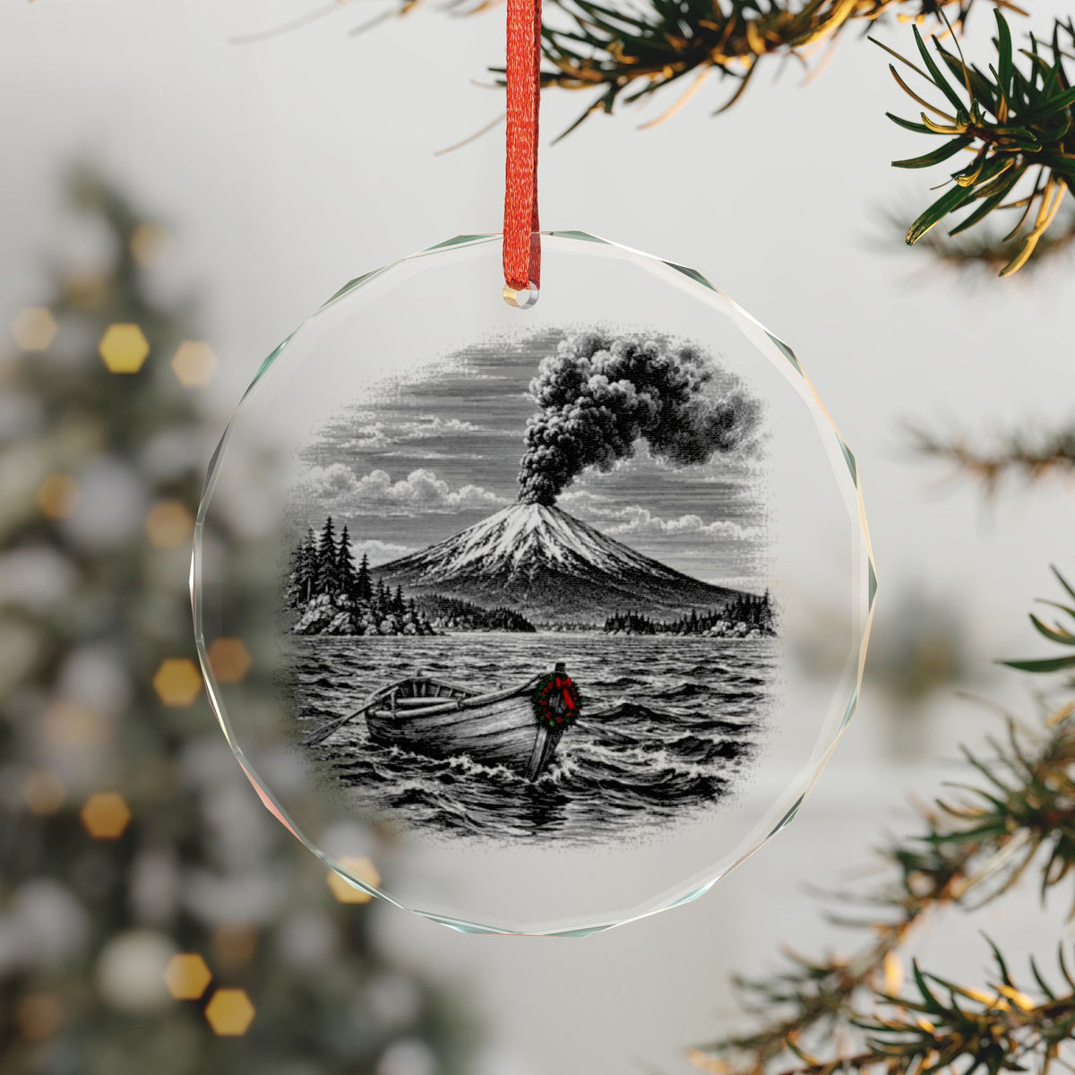 Sitka Alaska Holiday Ornament, Edgecumbe Smoke, Crystal Glass Ornament Hanging on a Christmas Tree