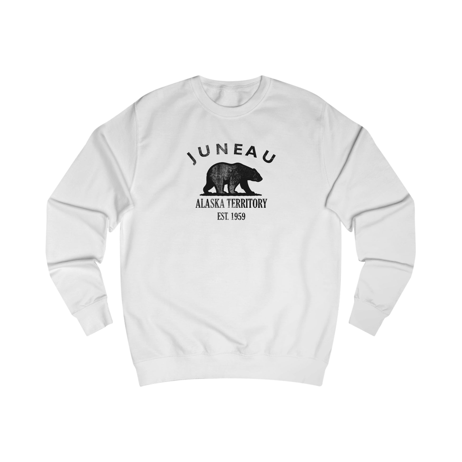 Juneau Alaska Vintage Retro Premium Crewneck Sweatshirt - Black Logo - Arctic White