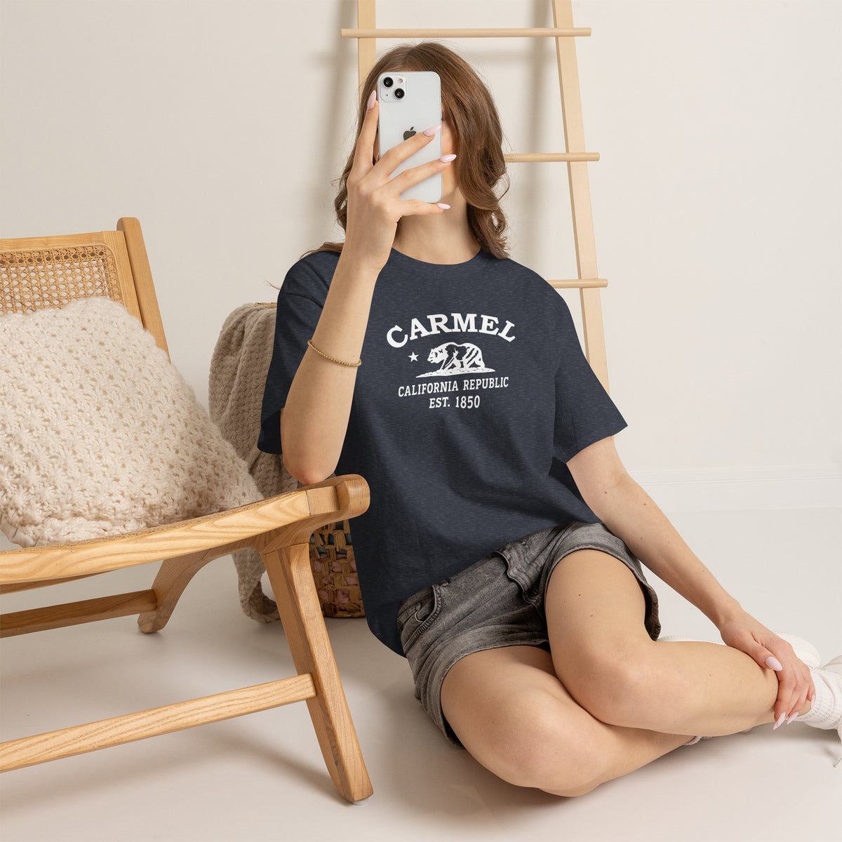 Carmel California retro tee — classic white Carmel, California bear-and-star logo on Gildan heavy cotton — Heather Military Green
