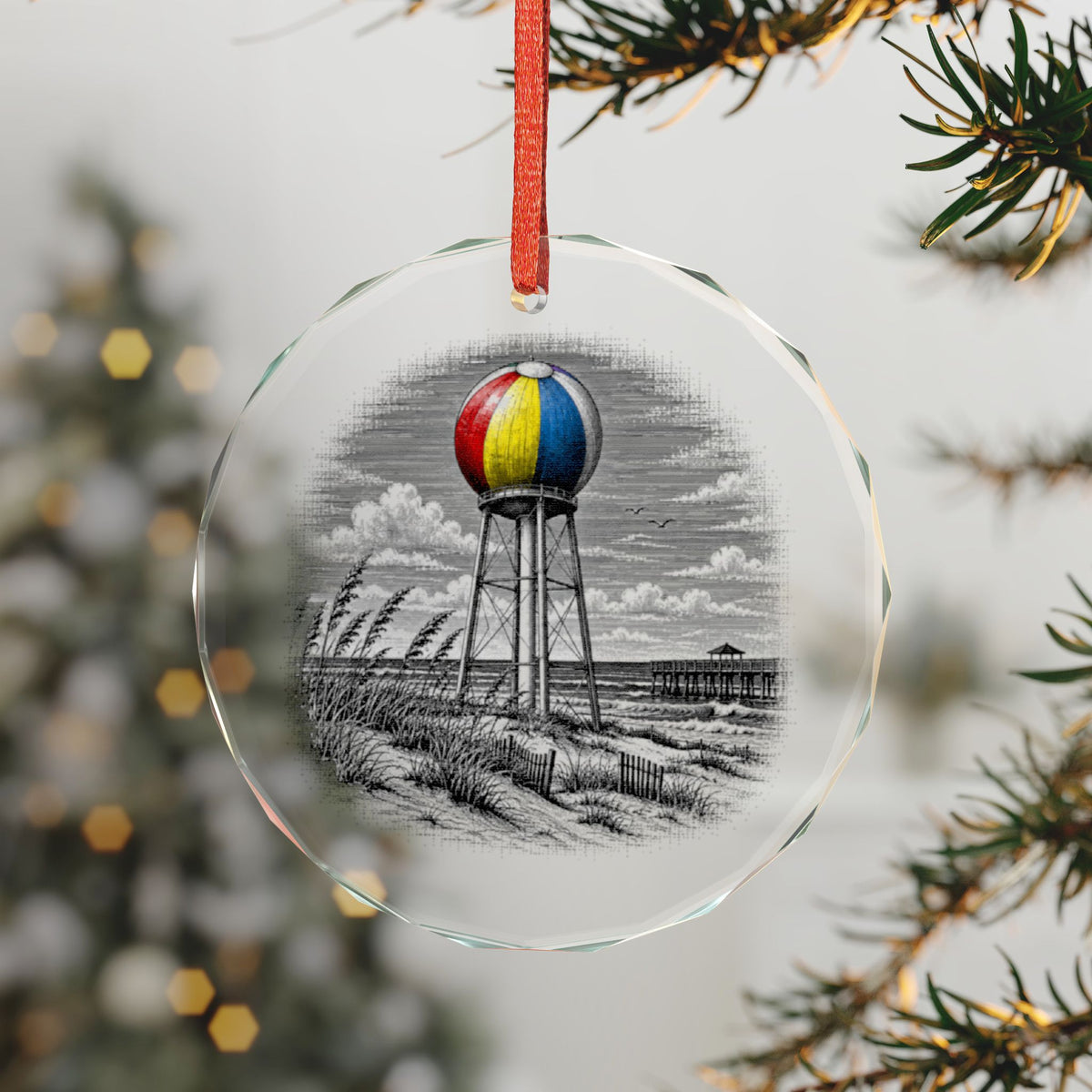 Pensacola Florida Holiday Ornament, Beach Ball Water Tower, Crystal Glass Ornament Hanging on a Christmas Tree