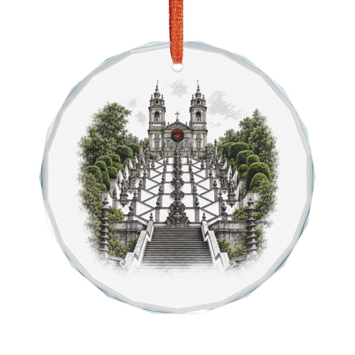 Braga Portugal Crystal Holiday Ornament Hanging on White, Bom Jesus Zigzag Stairway with Wreath and Red Bow