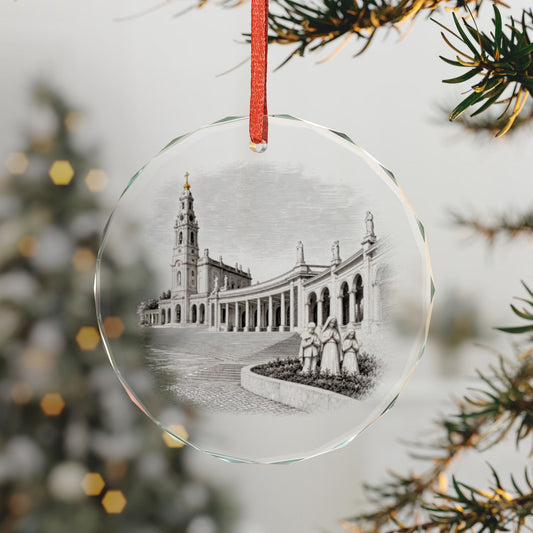 Fátima Portugal Crystal Holiday Ornament on a Lit Tree, Basilica Tower with Gold Crown and the Three Shepherd Children