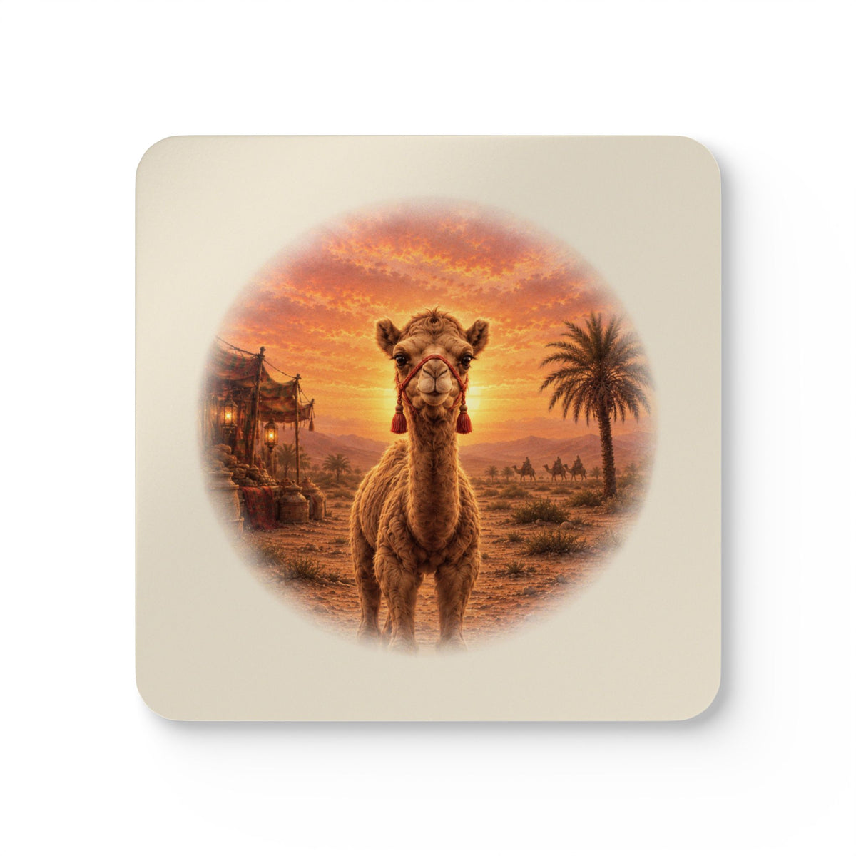 The Littlest Camel Sunset at the Souk Coaster Set of 4, Cork-Back Hardboard Coasters With Camel Sunset Vignette