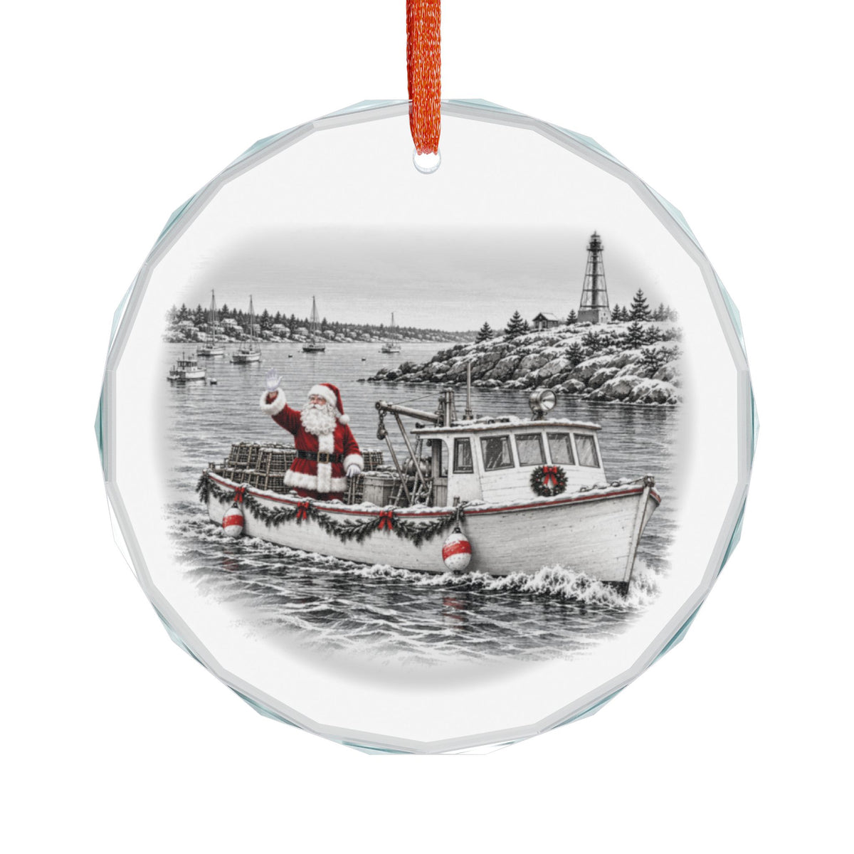 Marblehead Santa's Lobster Boat Crystal Ornament Hanging, Harbor Holiday Scene