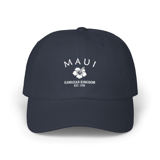 Maui Hawaii Vintage Style Embroidered Cotton Cap - White Retro Hibiscus Logo, Navy