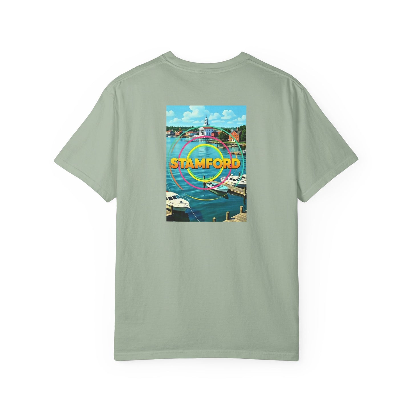 Stamford Connecticut Vintage Retro Back Printed Art Series Cotton Tee - Black Logo