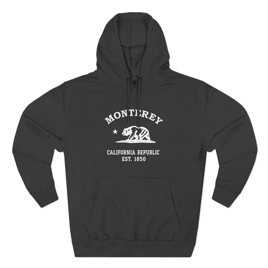 Monterey California Vintage Retro Unisex Heavy Cotton Hoodie, Charcoal Heather, White Logo