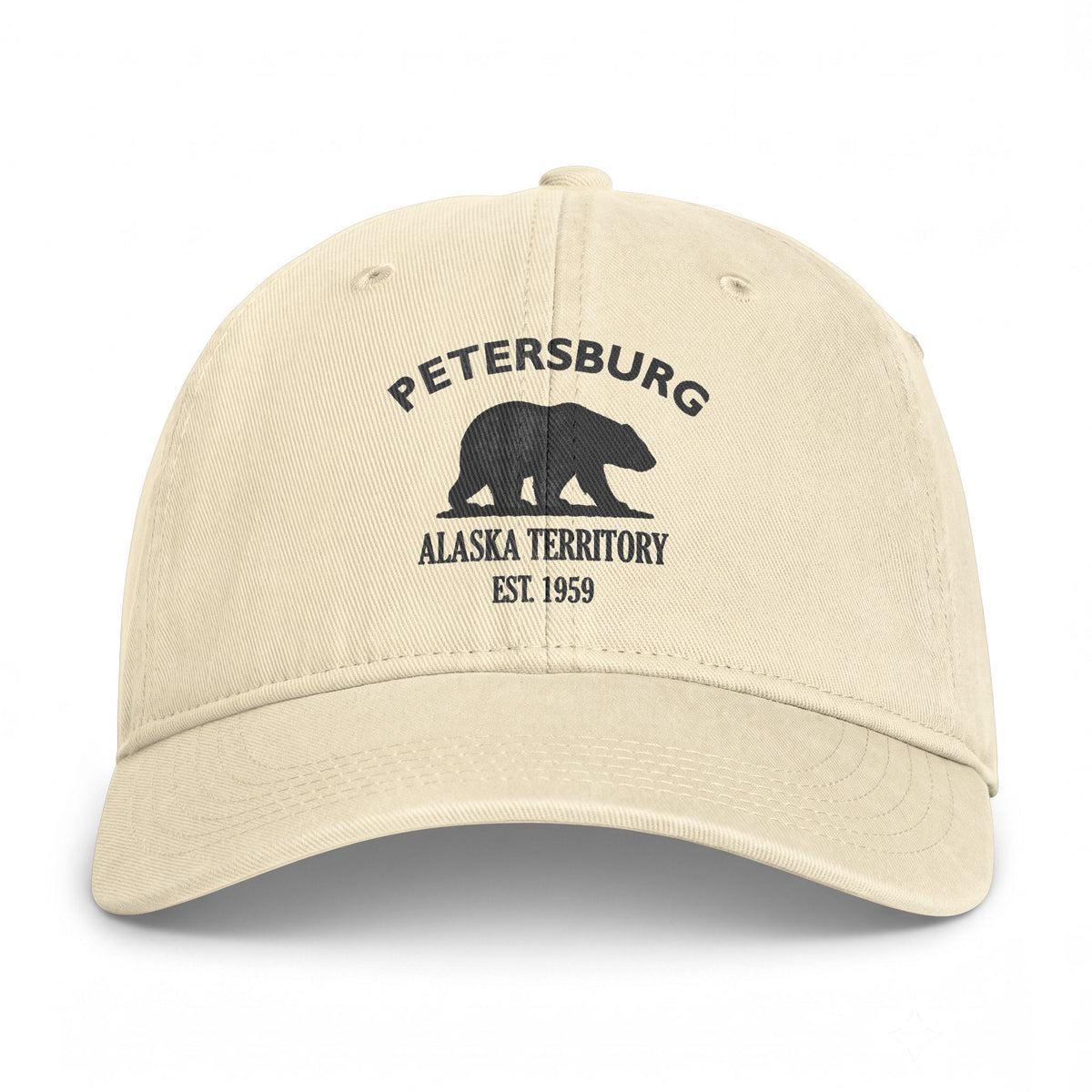 Petersburg Alaska Retro Vintage Washed Cap in Ivory, Charcoal Printed Town Logo