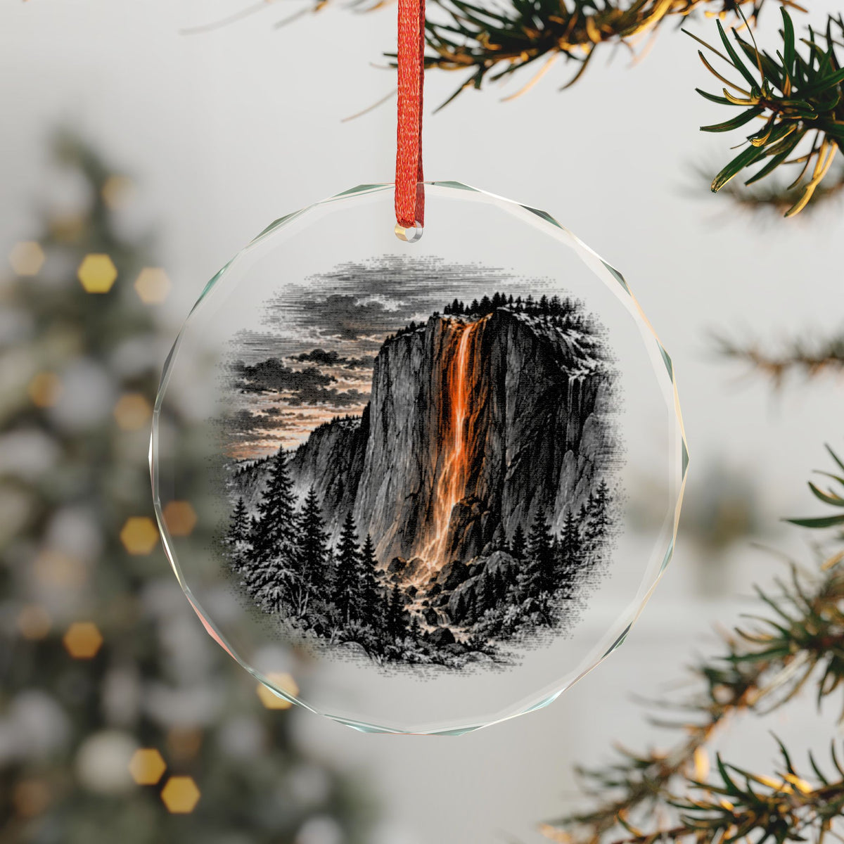 Yosemite California Holiday Ornament, Horsetail Firefall, Crystal Glass Ornament Hanging on a Christmas Tree