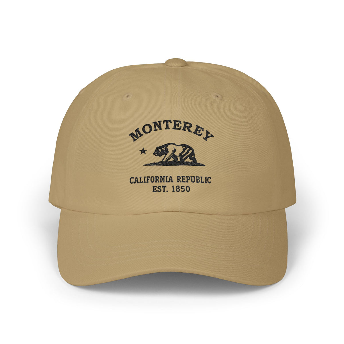 Monterey California Vintage Retro Embroidered Cotton Cap, Khaki, Black Logo