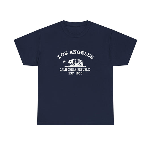 Los Angeles California Vintage Style Unisex Heavy Cotton Tee - White Retro Bear Logo, Navy
