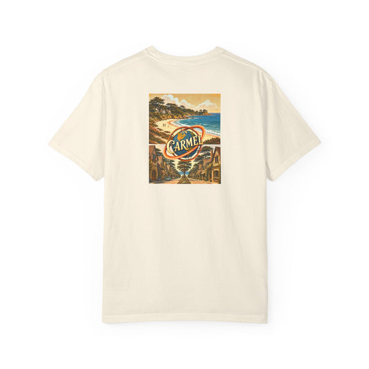 Carmel-by-the-Sea art series tee back print — CARMEL globe ring over Carmel Beach cove and storybook cottages - Ivory