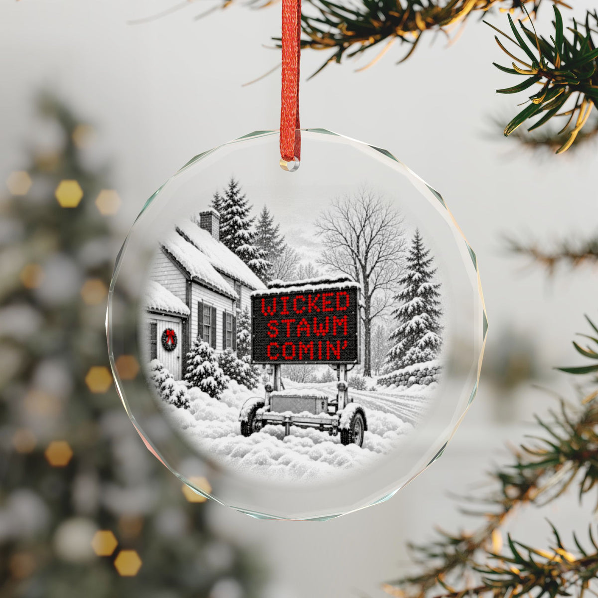 Boston Wicked Stawm Comin' Crystal Holiday Ornament on the Tree, Snowy Road Sign with Red Lights