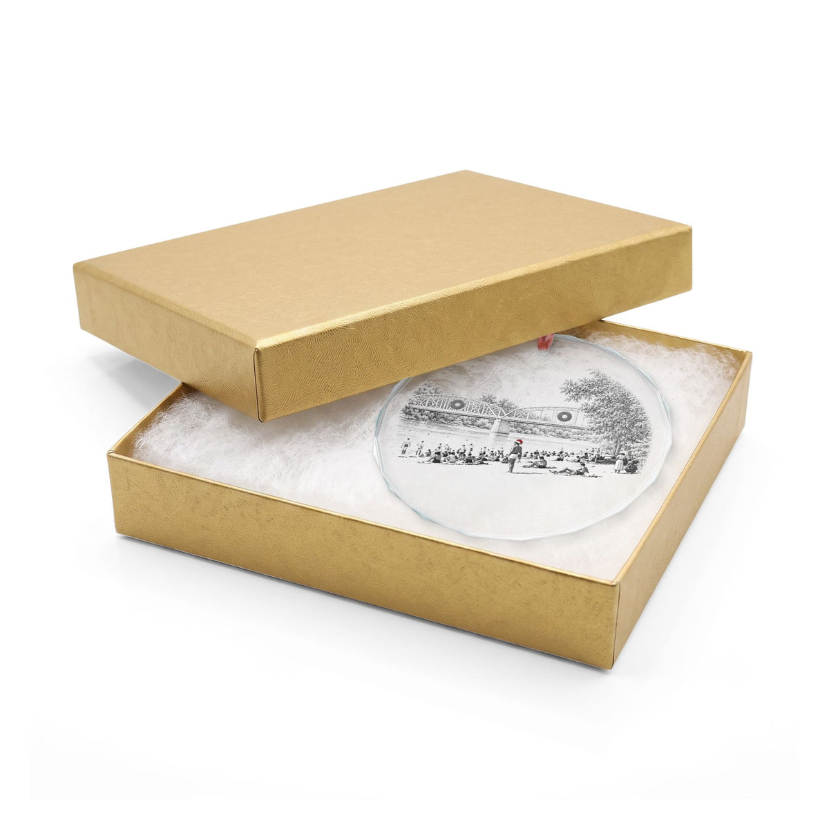 Healdsburg California Crystal Christmas Ornament in Gold Gift Box, Memorial Bridge and Memorial Beach