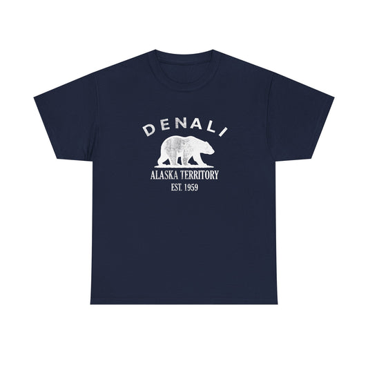 Denali Alaska Vintage Style Unisex Heavy Cotton Tee - White Retro Bear Logo, Navy
