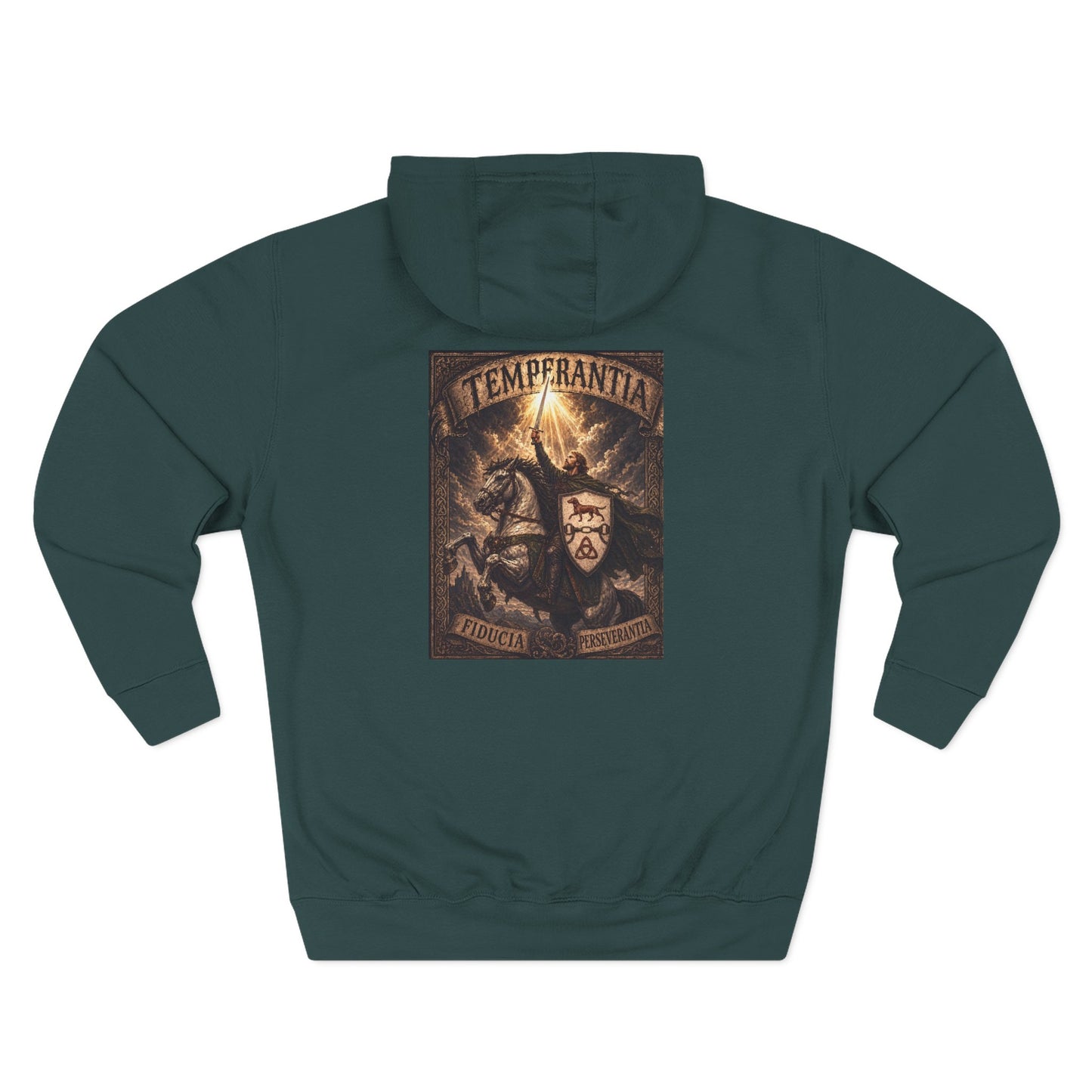 №108 Knight Crest Heavy Cotton Hoodie · Live Your Best Knight · Temperantia Fiducia Perseverantia