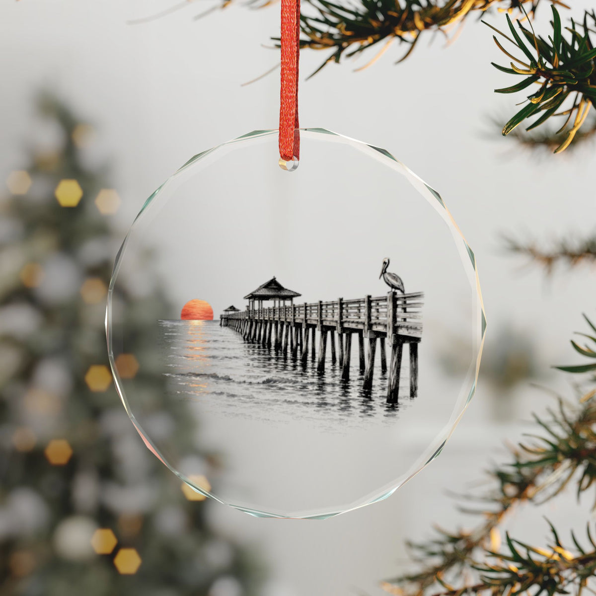 Naples, Florida Holiday Ornament — Rebuilt Every Time, for the Sunset — 3-inch faceted crystal glass ornament in gold gift box