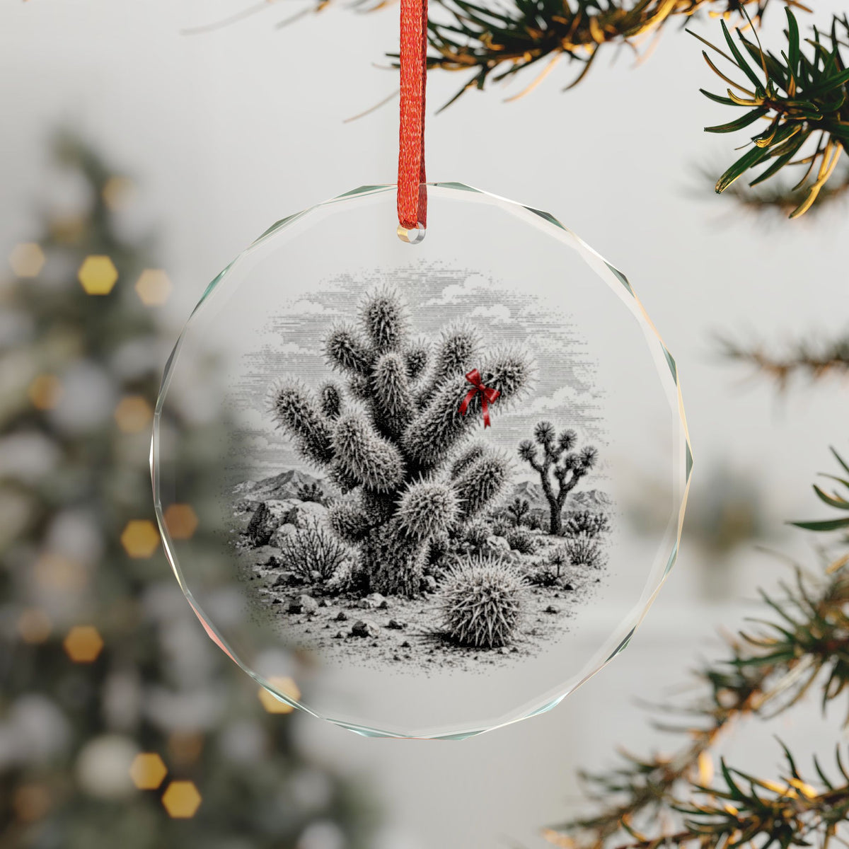 Joshua Tree California Holiday Ornament, Jumping Cholla, Crystal Glass Ornament Hanging on a Christmas Tree
