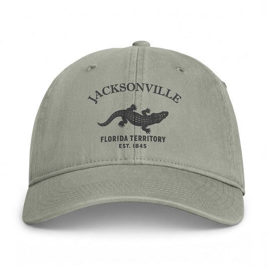 Jacksonville Florida Retro Vintage Washed Cap in Sandstone, Charcoal Printed Town Logo