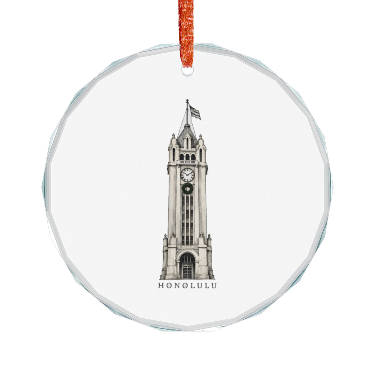 Honolulu, Hawaii Holiday Ornament — Where Every Ship Was Met — angled view of the gem-cut crystal edge catching light