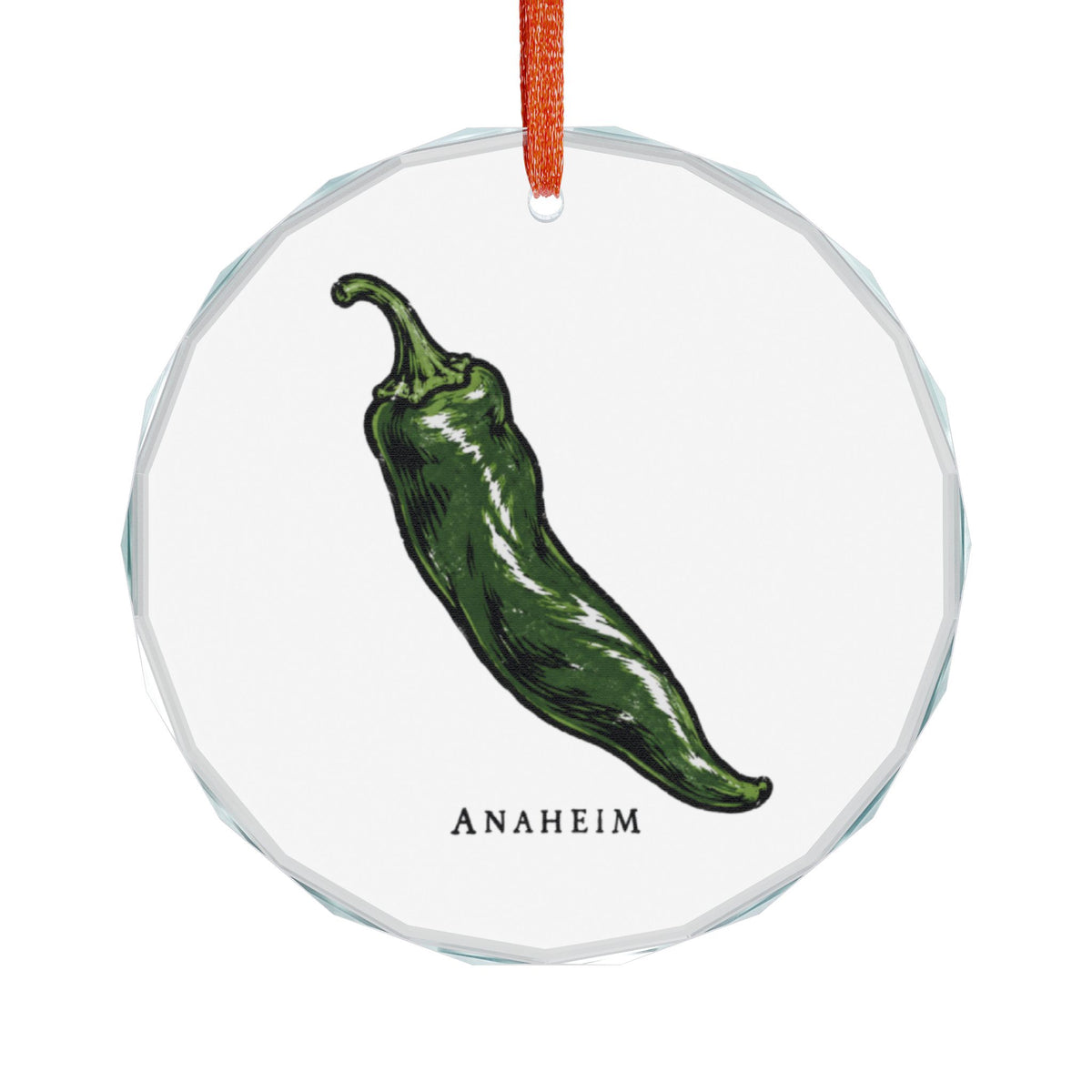 Anaheim, California Holiday Ornament — The Chile That Took the Town's Name — front view: a single long Anaheim chile fills the field on a diagonal, rendered in bold ink outline with a saturated forest-to-emerald green body and hard white specular highlights down its length