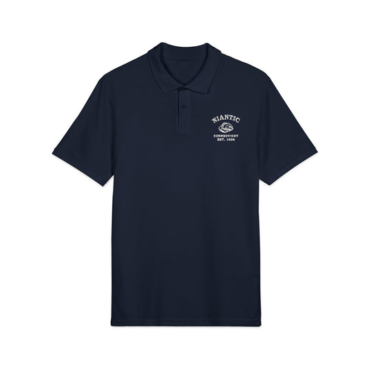Niantic Connecticut Vintage Retro Unisex Embroidered Cotton Polo, Navy, White Logo, Merlin Classics