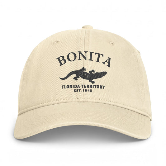 Bonita Springs Florida Retro Vintage Washed Cap in Ivory, Charcoal Printed Town Logo