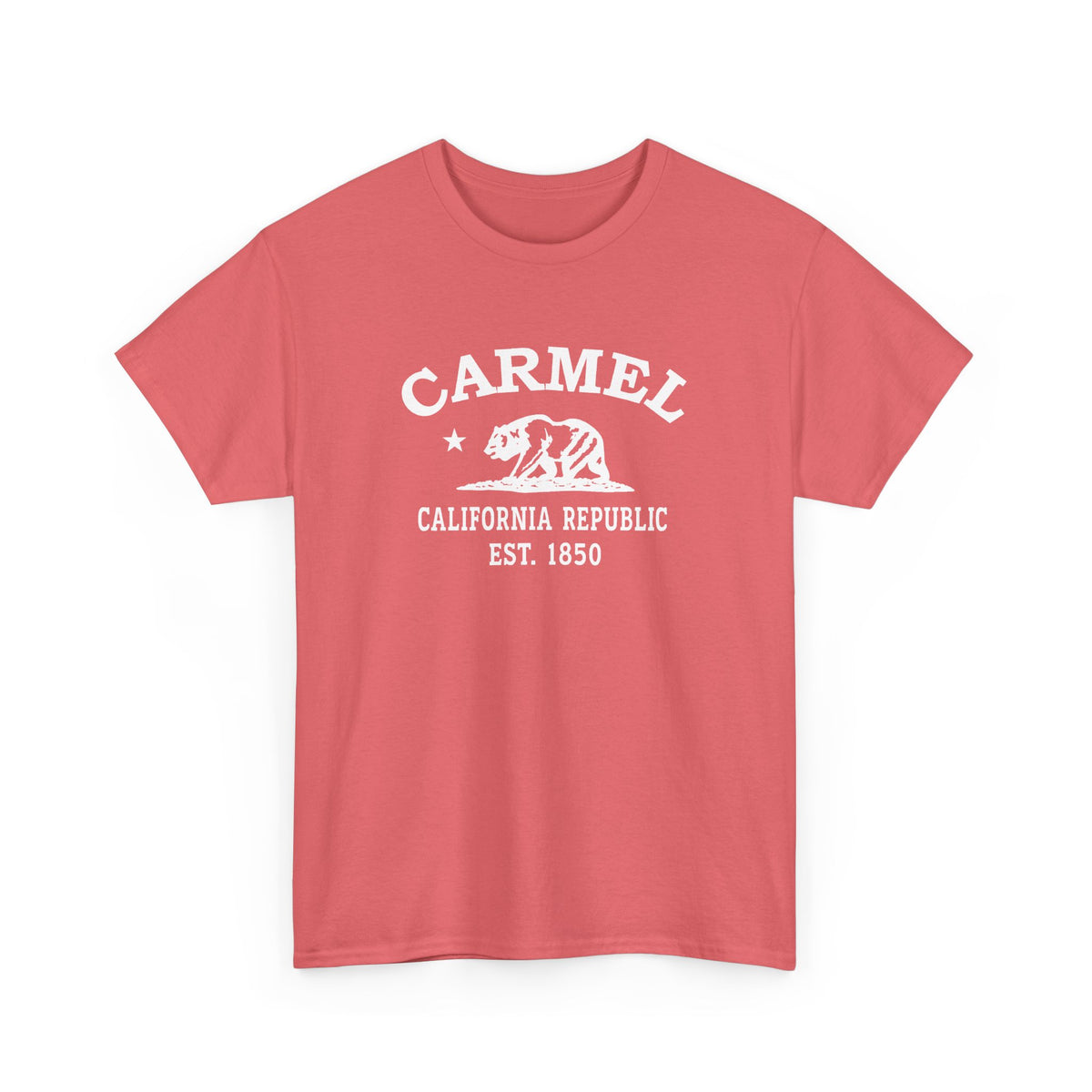 Carmel California retro tee — classic white Carmel, California bear-and-star logo on Gildan heavy cotton — Dark Heather