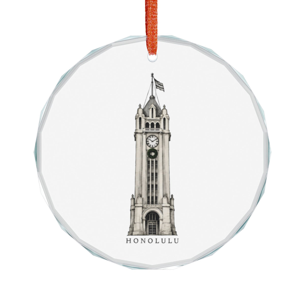 Honolulu Hawaii Christmas Ornament on White, Vintage-Style Aloha Tower Art