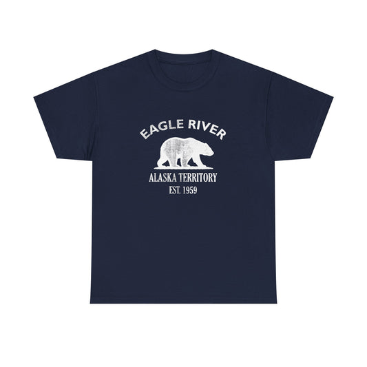 Eagle River Alaska Vintage Style Unisex Heavy Cotton Tee - White Retro Bear Logo, Navy