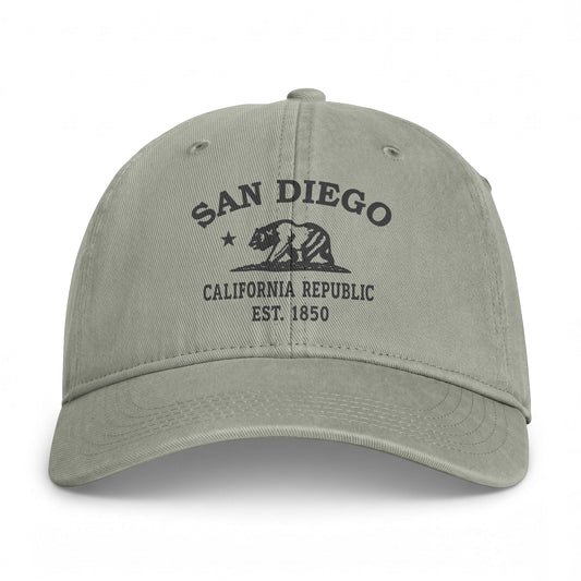 San Diego California Retro Vintage Washed Cap in Sandstone, Charcoal Printed Town Logo