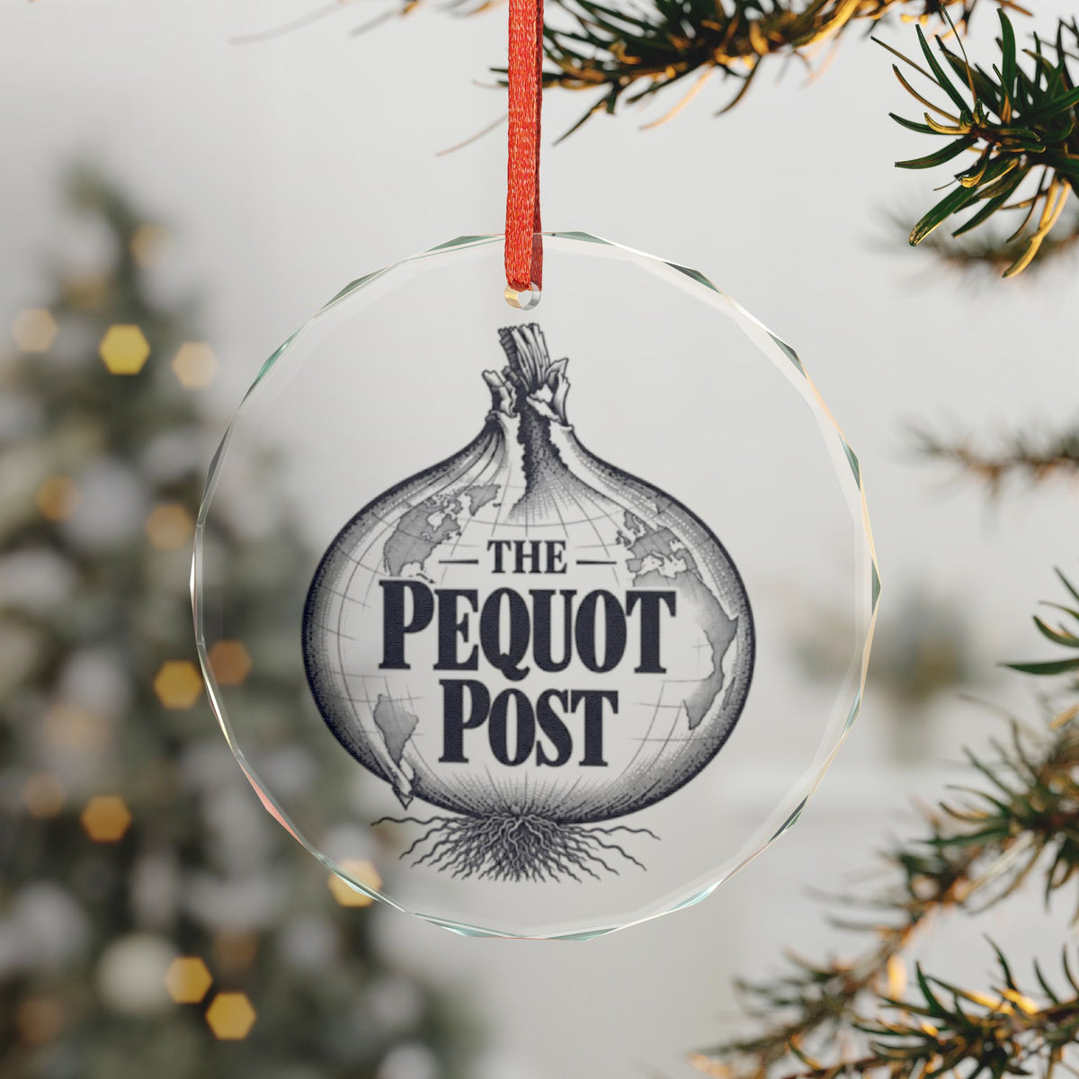 The Pequot Post Onion Globe Crystal Ornament, Southport CT - Hanging on Tree View