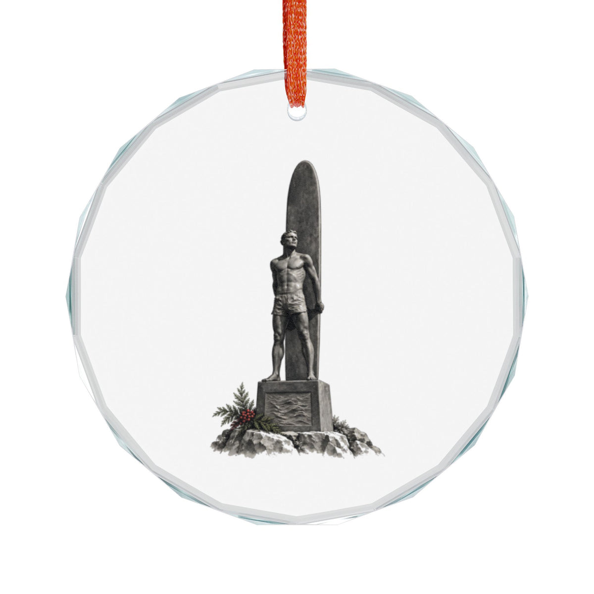 Santa Cruz, California Holiday Ornament — The Bronze That Honors No One in Particular — front view: the West Cliff bronze memorial: a standing surfer cradling an upright longboard, drawn in sculptural grayscale with the weathered patina and wave-carved plinth fully modeled, set on rough coastal rock
