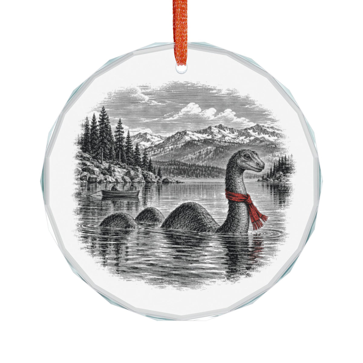 Lake Tahoe California Holiday Ornament, Tahoe Tessie, Crystal Glass Ornament Hanging on White