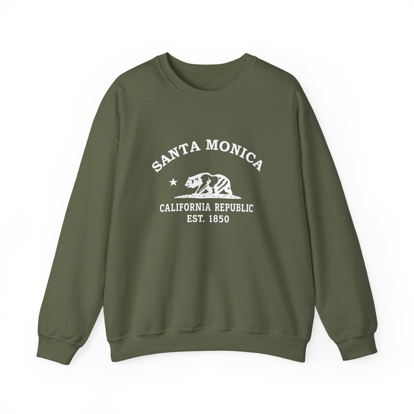 Santa Monica California Vintage Style Unisex Heavy Crewneck Sweatshirt - White Retro Bear Logo, Military Green