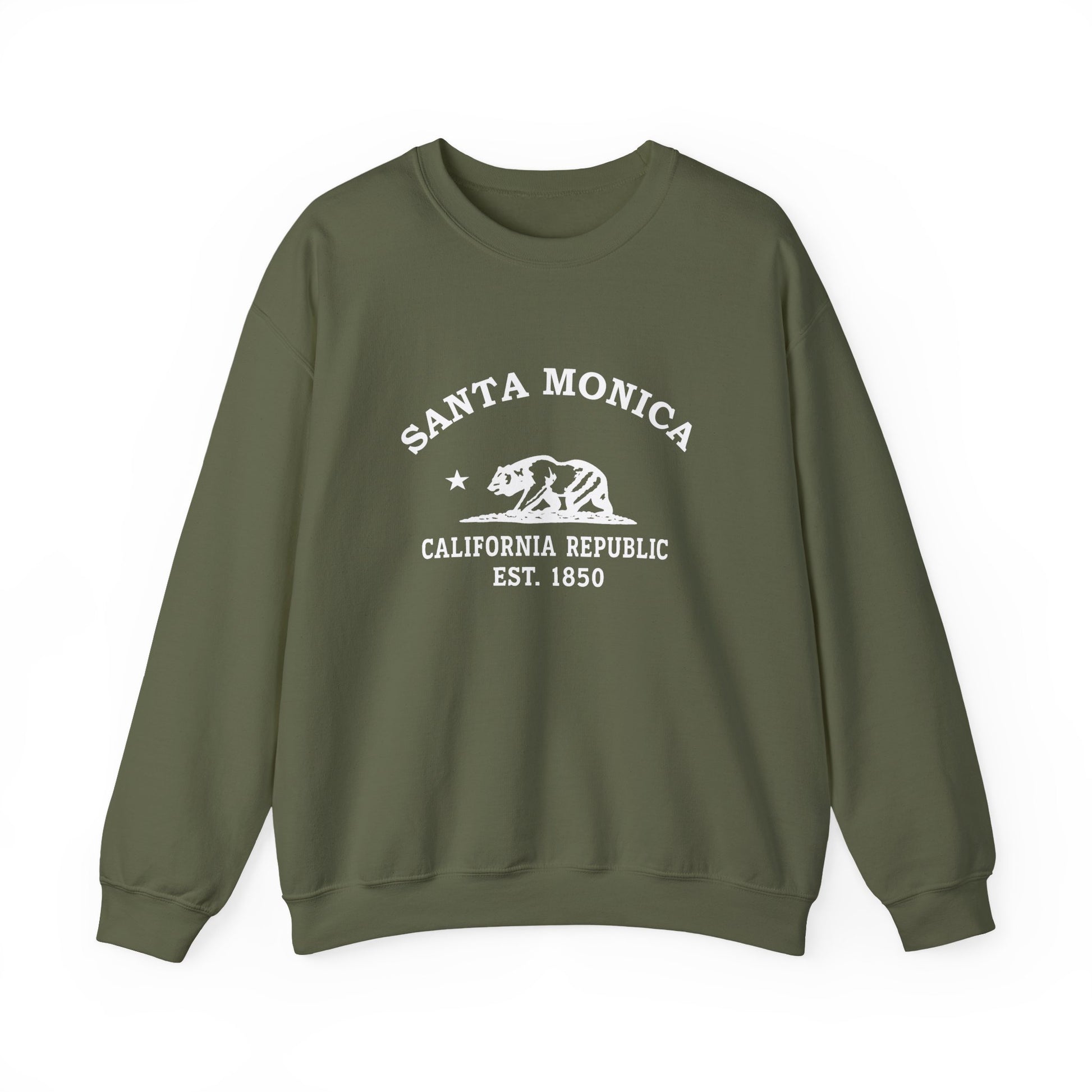 Santa Monica California Vintage Style Unisex Heavy Crewneck Sweatshirt - White Retro Bear Logo, Military Green