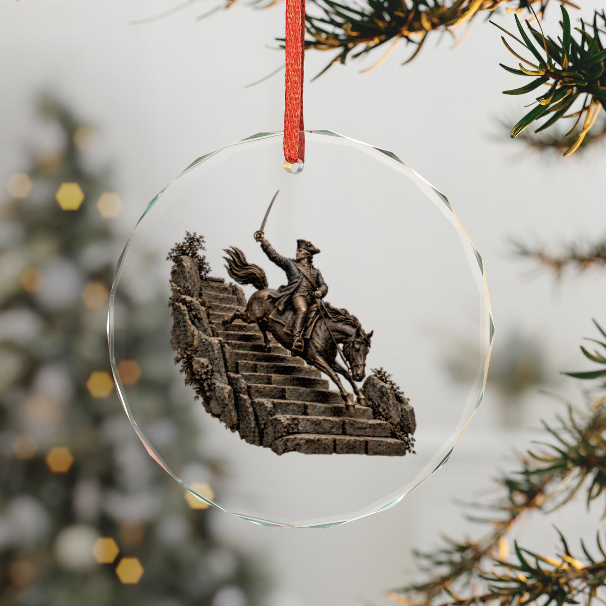 Bronze-Look Figure of General Israel Putnam on Horseback, Sword Raised, Riding Down Stone Steps on a Faceted Crystal Glass Ornament, Hanging on a Christmas Tree with Red Ribbon, Redding, Connecticut