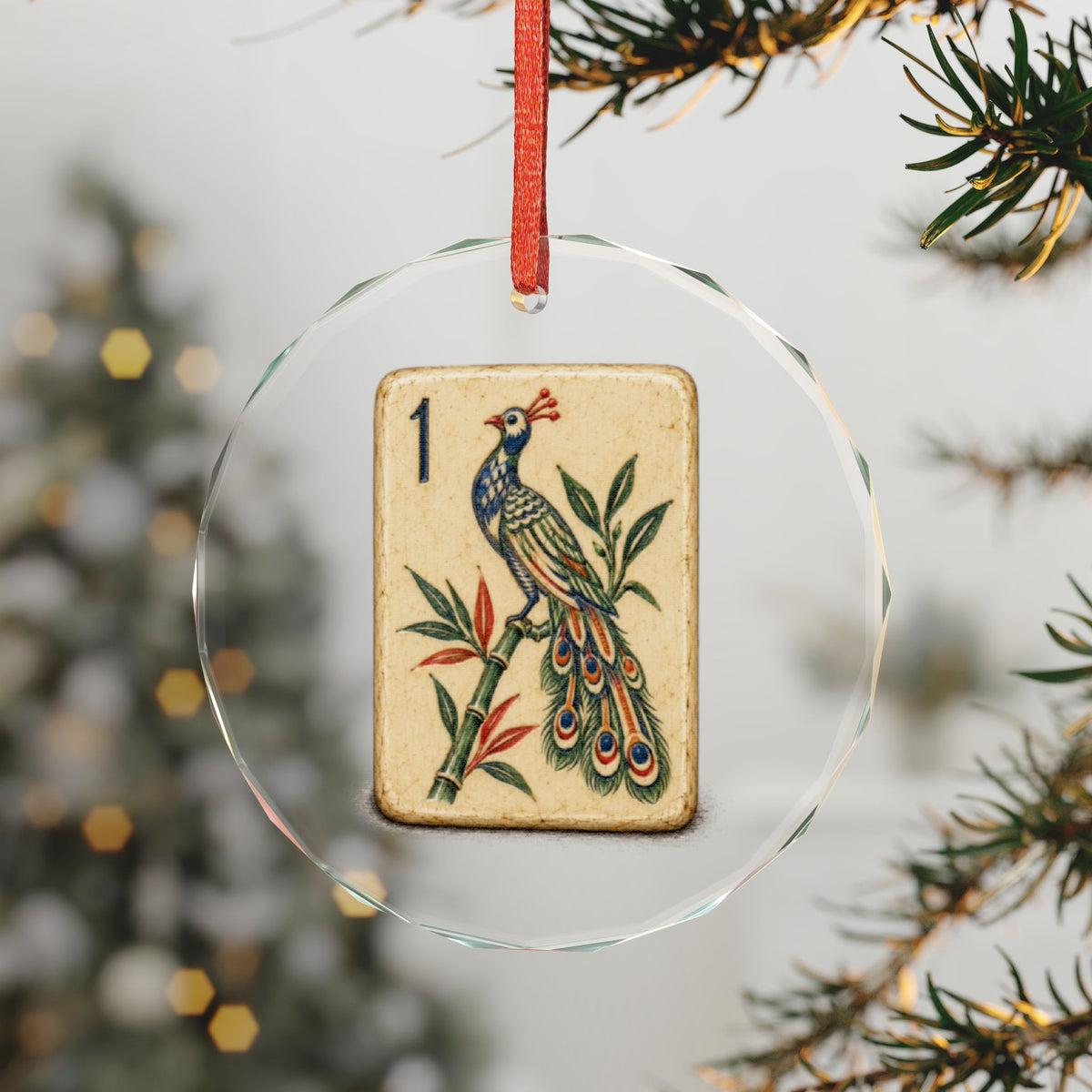 Mahjong Sparrow Tile Crystal Christmas Ornament in Gold Gift Box, One Bamboo Peacock Tile in the Style of an Antique Bone Set