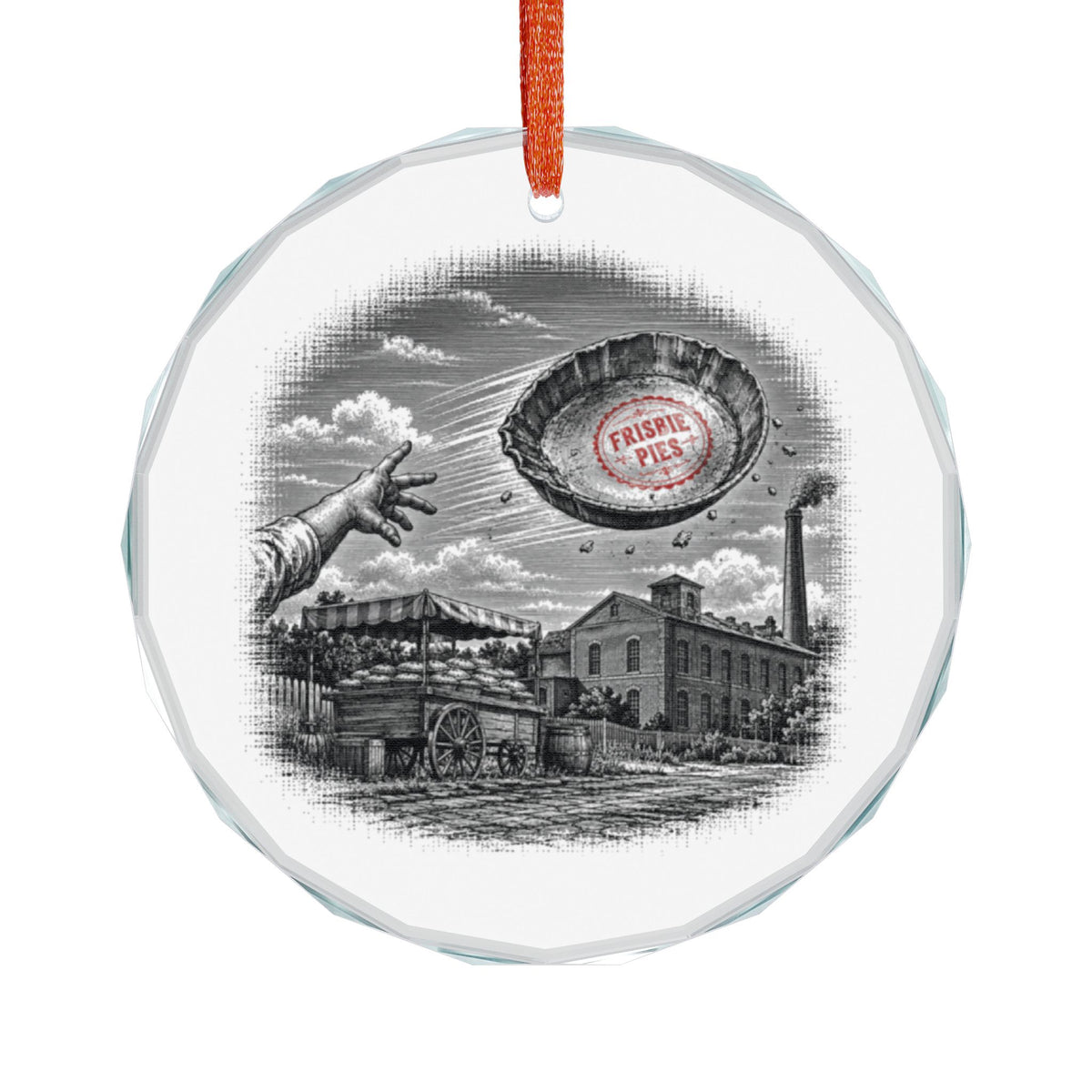 Bridgeport Connecticut Holiday Ornament, Flying Pie Tin, Crystal Glass Ornament Hanging on White