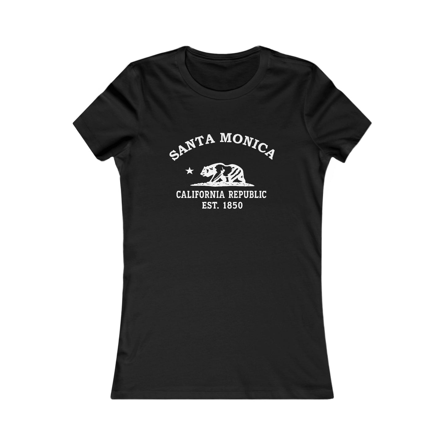 Santa Monica California Vintage Style Womens Fitted Ringspun Cotton Tee - White Retro Bear Logo, Black