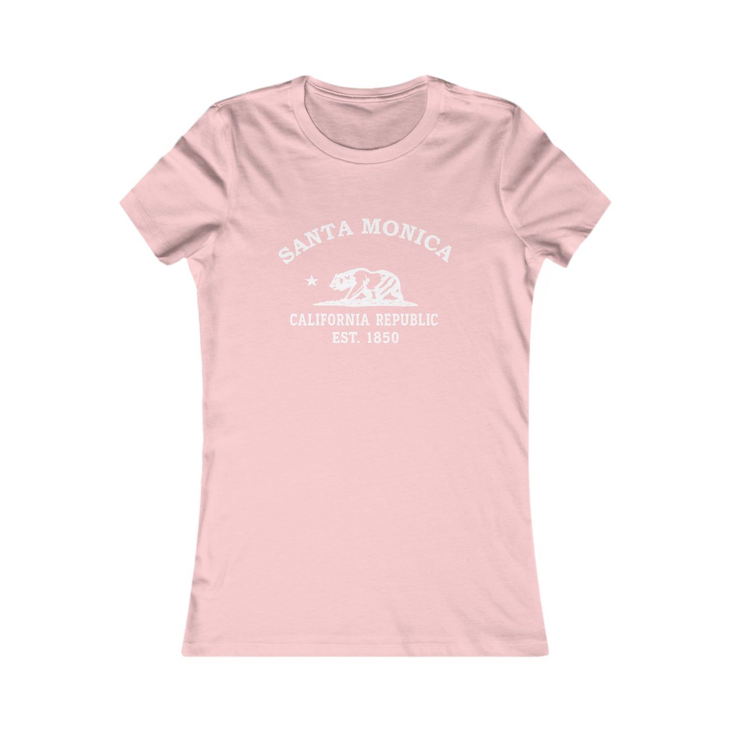Santa Monica California Vintage Style Womens Fitted Ringspun Cotton Tee - White Retro Bear Logo, Pink