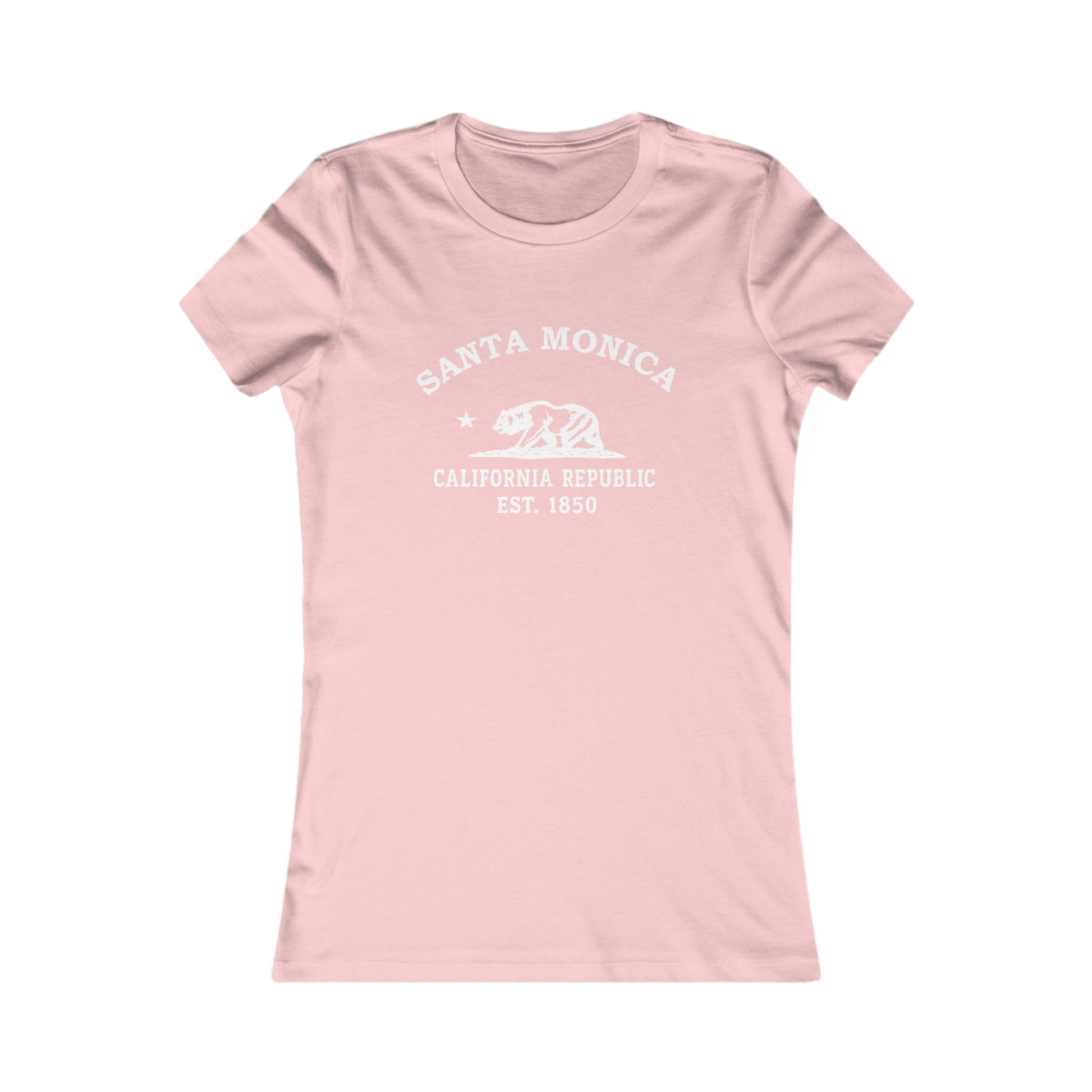 Santa Monica California Vintage Style Womens Fitted Ringspun Cotton Tee - White Retro Bear Logo, Pink