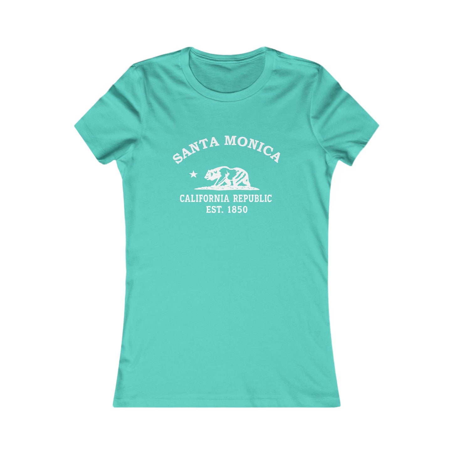 Santa Monica California Vintage Style Womens Fitted Ringspun Cotton Tee - White Retro Bear Logo, Teal