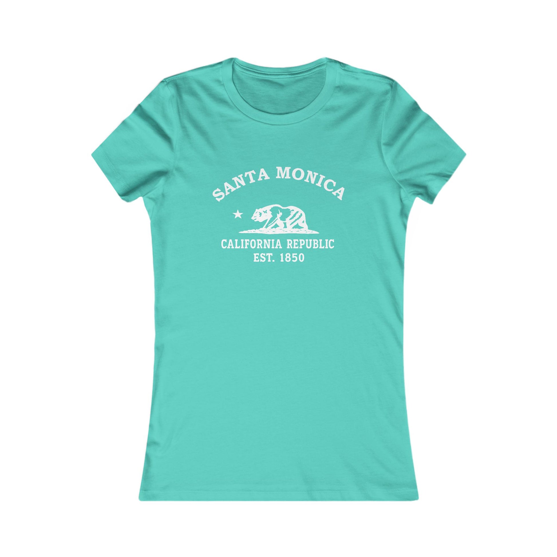 Santa Monica California Vintage Style Womens Fitted Ringspun Cotton Tee - White Retro Bear Logo, Teal
