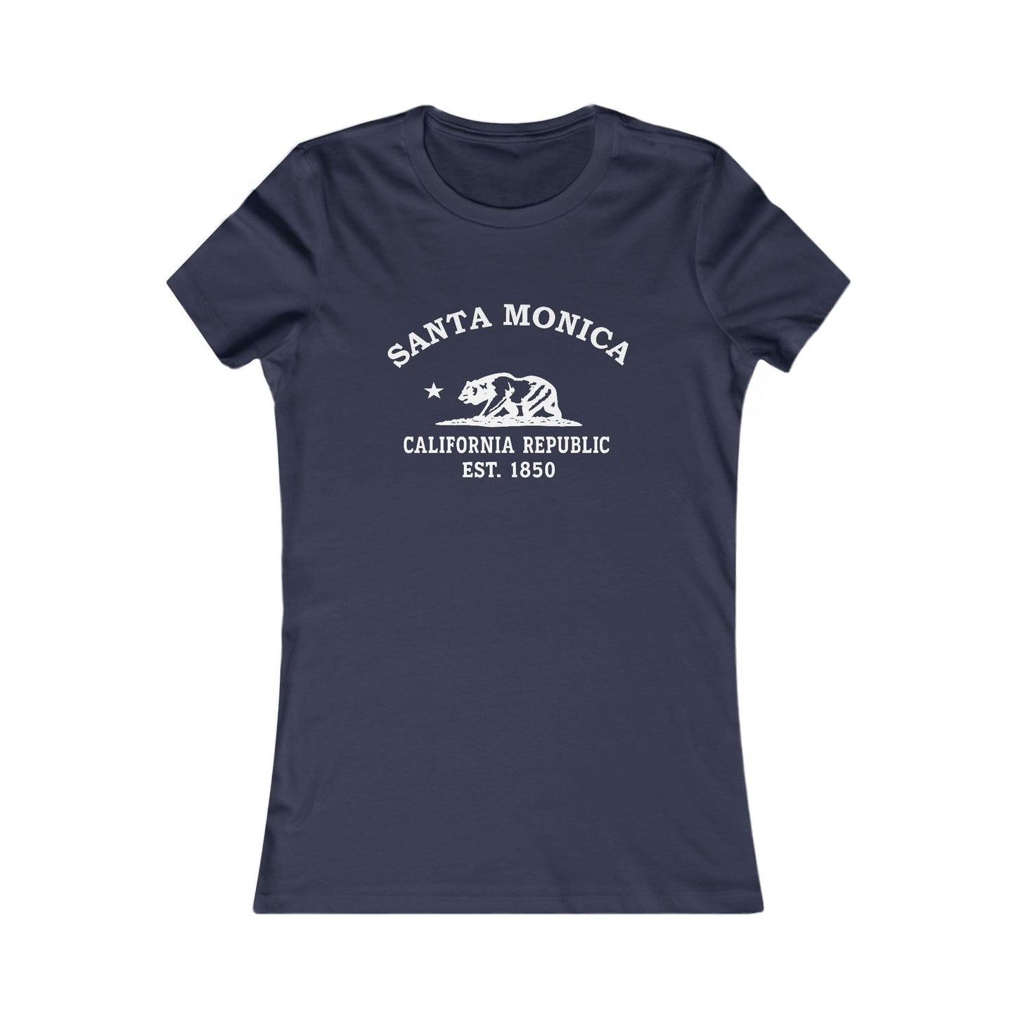 Santa Monica California Vintage Style Womens Fitted Ringspun Cotton Tee - White Retro Bear Logo, Navy